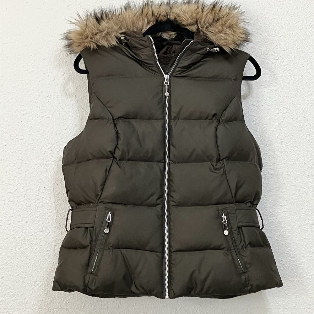 Eddie Bauer Puffer Vest 650 DOWN FILL Olive Green Quilted Faux Fur Hooded Zip L